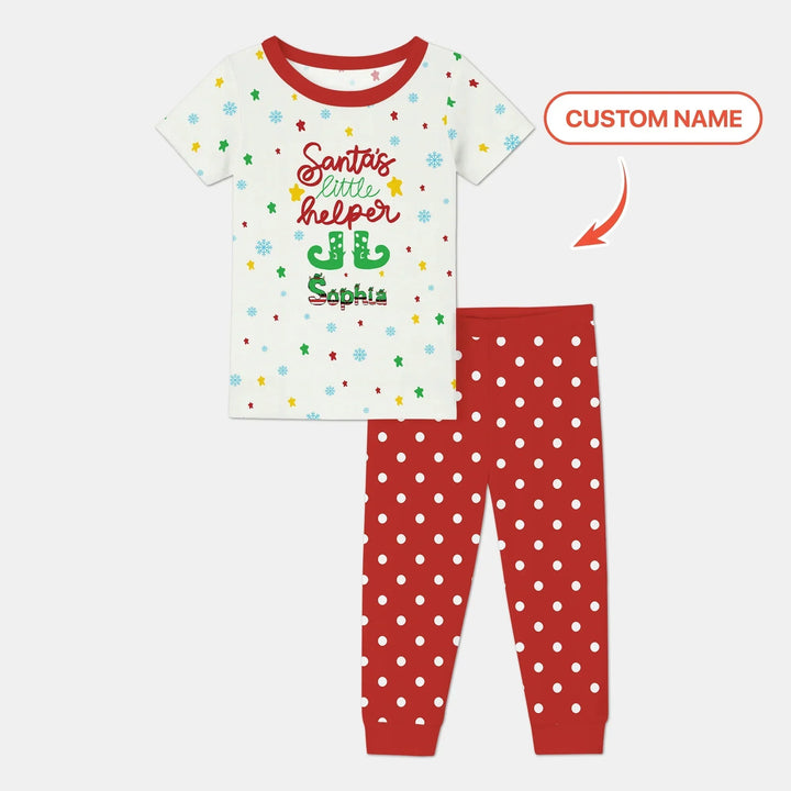 Santa's Little Helper Custom Name Two Piece Short Sleeve Pajama Set , Santa's Little Helper Custom Name Two Piece Short Sleeve Pajama Set - 12-18M