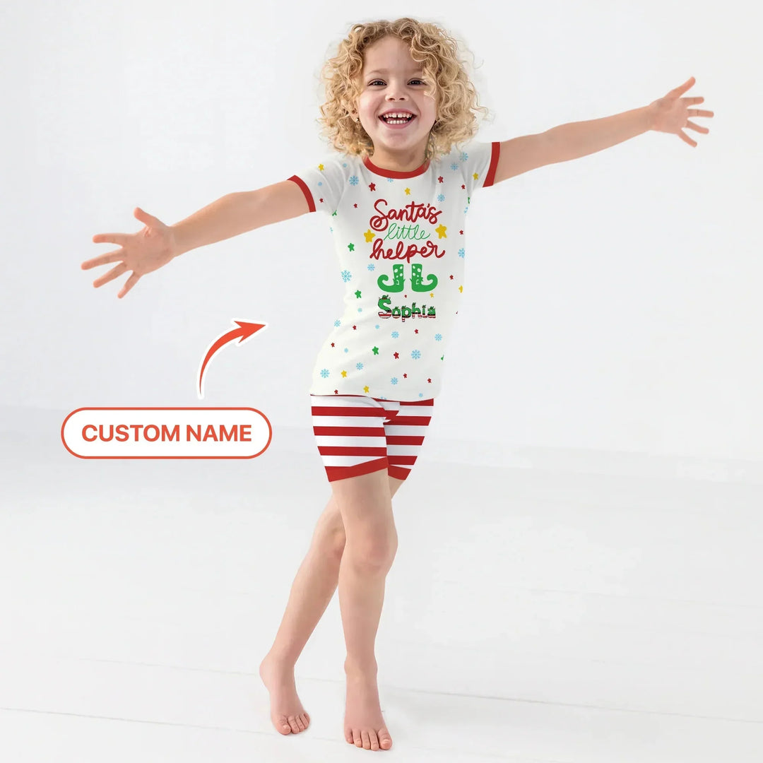 Santa's Little Helper Custom Name Two Piece Short Sleeve Shorts Pajama Set , Santa's Little Helper Custom Name Two Piece Short Sleeve Shorts Pajama Set - 12-18M