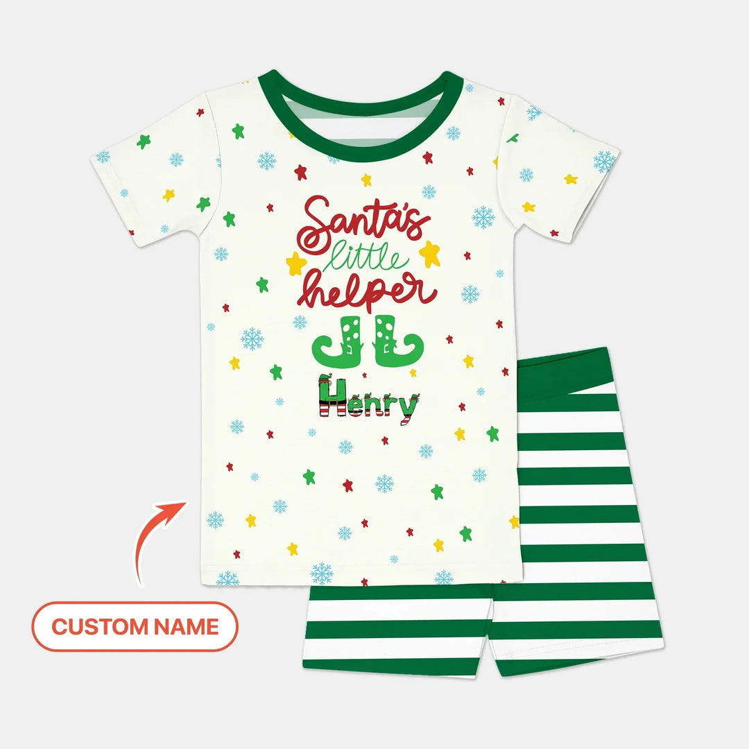 Santa's Little Helper Custom Name Two Piece Short Sleeve Shorts Pajama Set , Santa's Little Helper Custom Name Two Piece Short Sleeve Shorts Pajama Set - 12-18M
