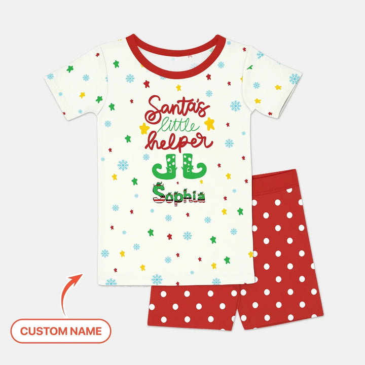 Santa's Little Helper Custom Name Two Piece Short Sleeve Shorts Pajama Set , Santa's Little Helper Custom Name Two Piece Short Sleeve Shorts Pajama Set - 12-18M