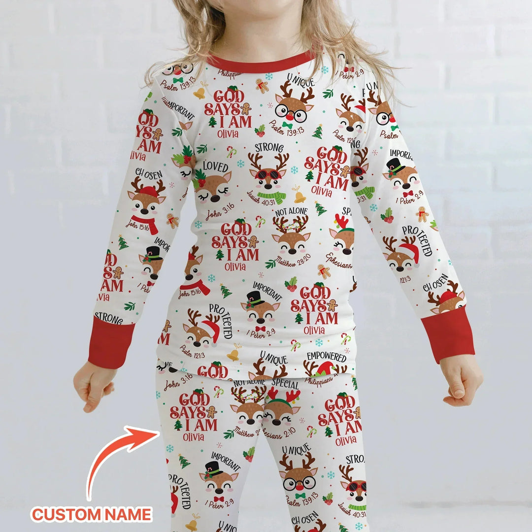 Santa’s Reindeer God Says I Am Custom Name Two Piece Long Sleeve Pajama Set , Santa’s Reindeer God Says I Am Custom Name Two Piece Long Sleeve Pajama Set - 12-18M