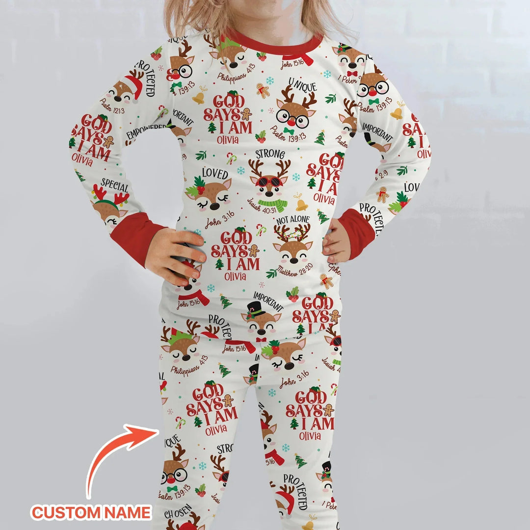 Santa’s Reindeer God Says I Am Custom Name Two Piece Long Sleeve Pajama Set , Santa’s Reindeer God Says I Am Custom Name Two Piece Long Sleeve Pajama Set - 12-18M