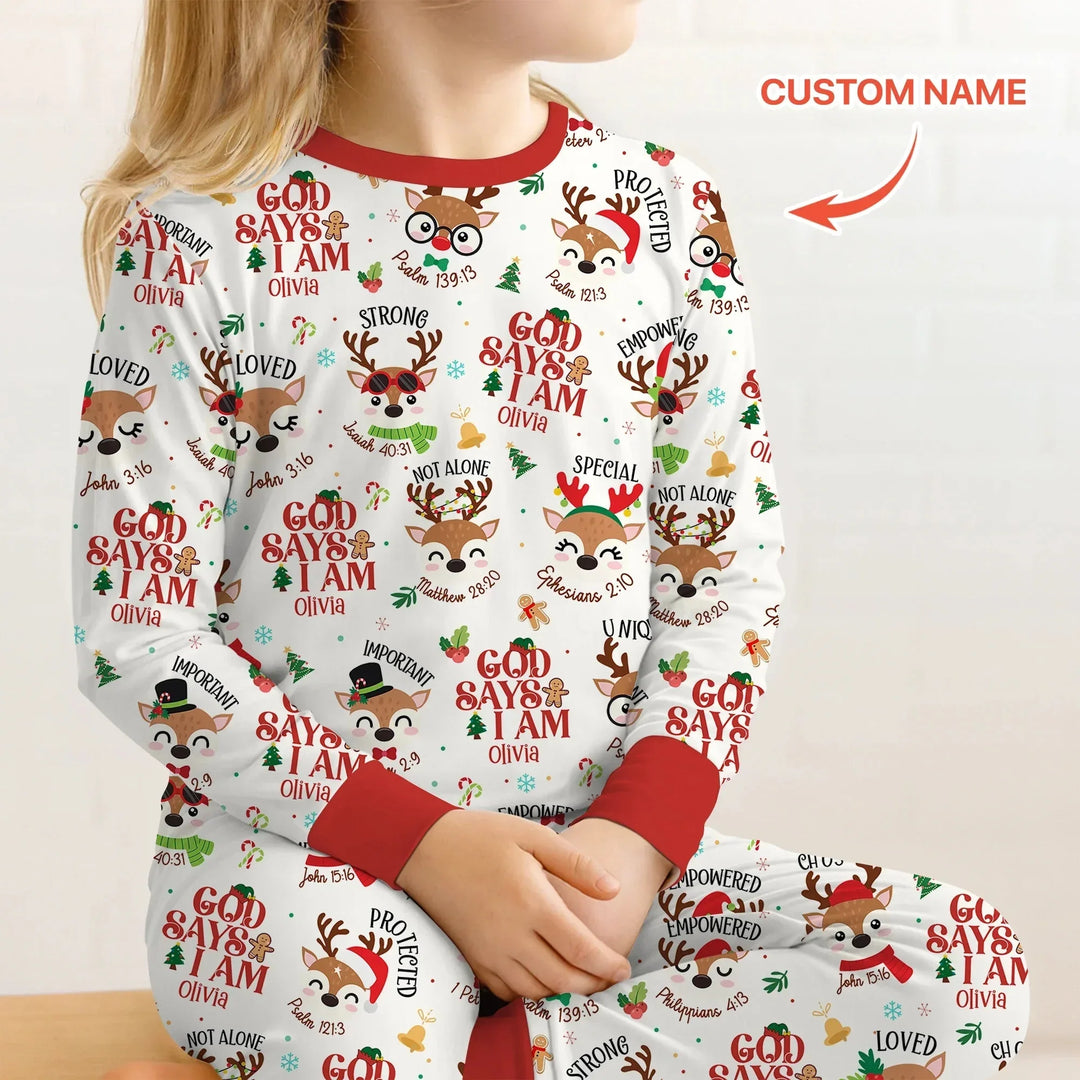 Santa’s Reindeer God Says I Am Custom Name Two Piece Long Sleeve Pajama Set , Santa’s Reindeer God Says I Am Custom Name Two Piece Long Sleeve Pajama Set - 12-18M