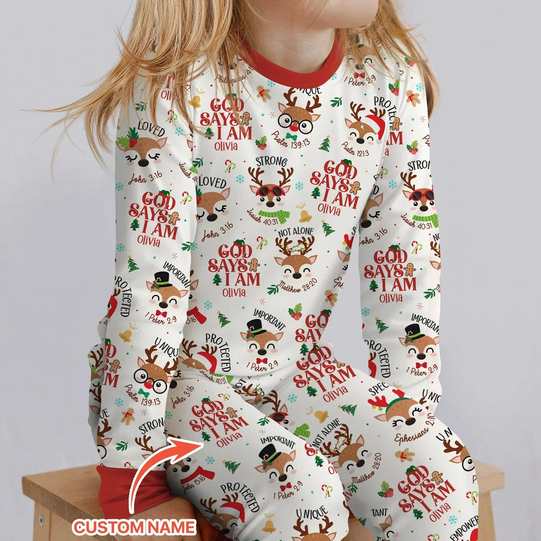 Santa’s Reindeer God Says I Am Custom Name Two Piece Long Sleeve Pajama Set , Santa’s Reindeer God Says I Am Custom Name Two Piece Long Sleeve Pajama Set - 12-18M