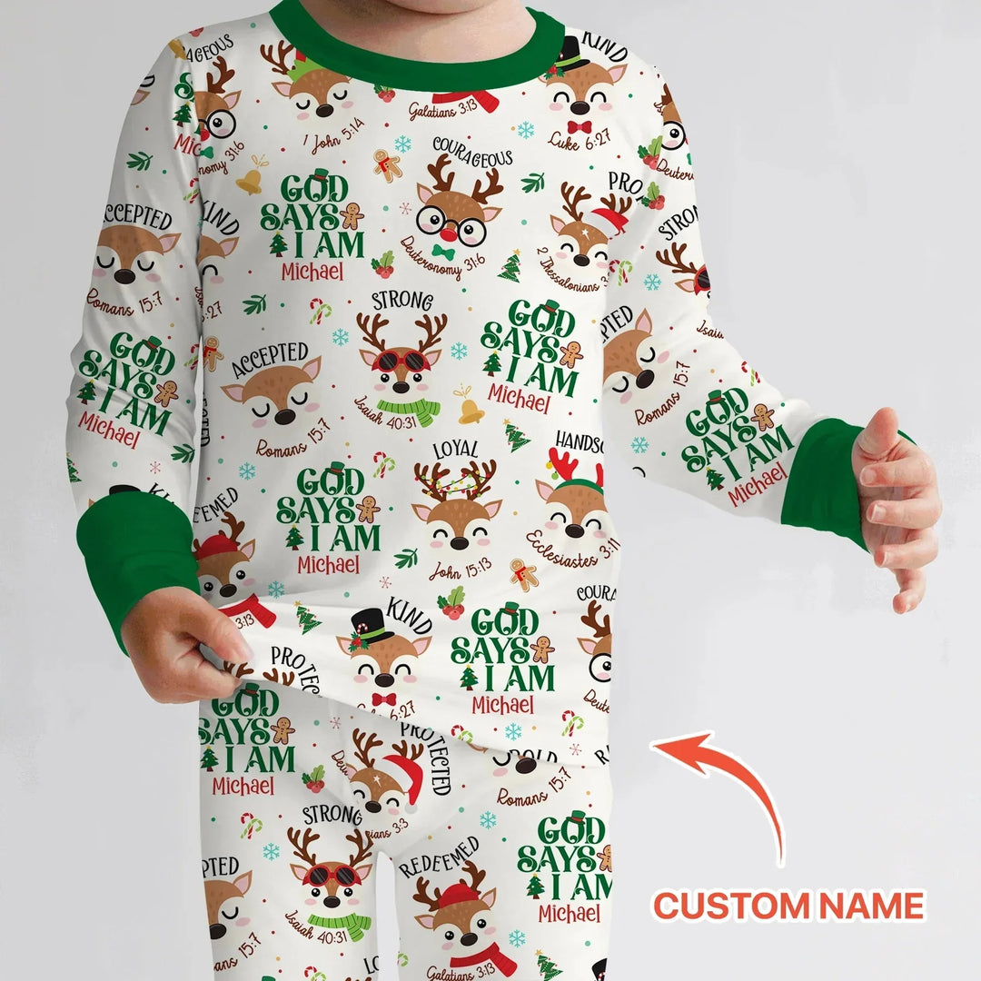 Santa’s Reindeer God Says I Am Custom Name Two Piece Long Sleeve Pajama Set , Santa’s Reindeer God Says I Am Custom Name Two Piece Long Sleeve Pajama Set - 12-18M