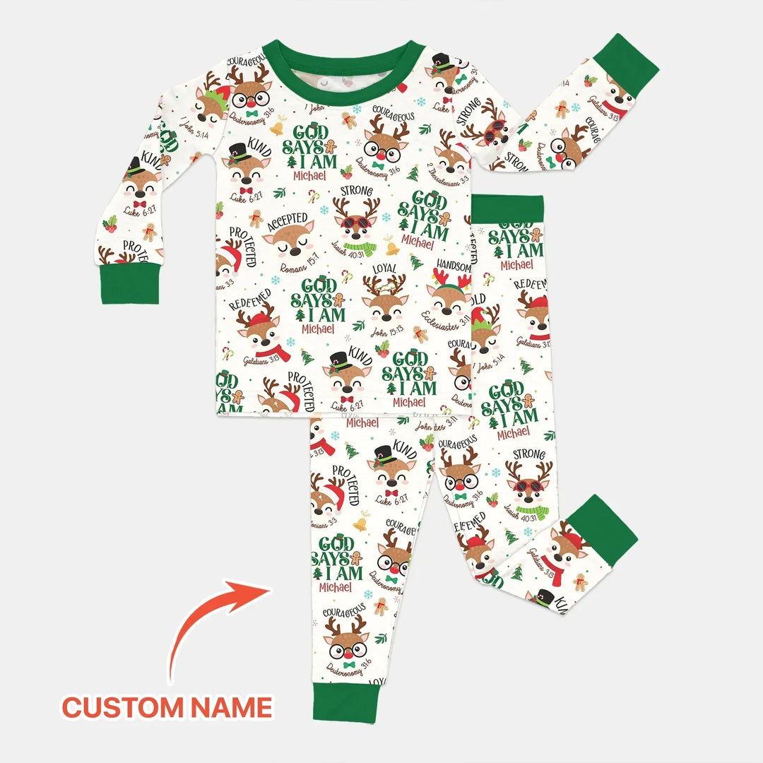 Santa’s Reindeer God Says I Am Custom Name Two Piece Long Sleeve Pajama Set , Santa’s Reindeer God Says I Am Custom Name Two Piece Long Sleeve Pajama Set - 12-18M