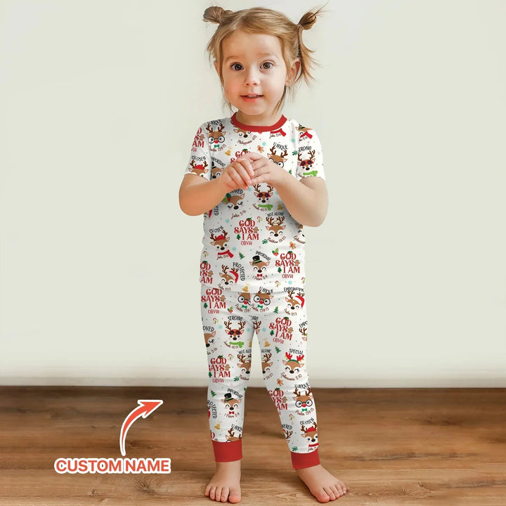 Santa’s Reindeer God Says I Am Custom Name Two Piece Short Sleeve Pajama Set , Santa’s Reindeer God Says I Am Custom Name Two Piece Short Sleeve Pajama Set - 12-18M