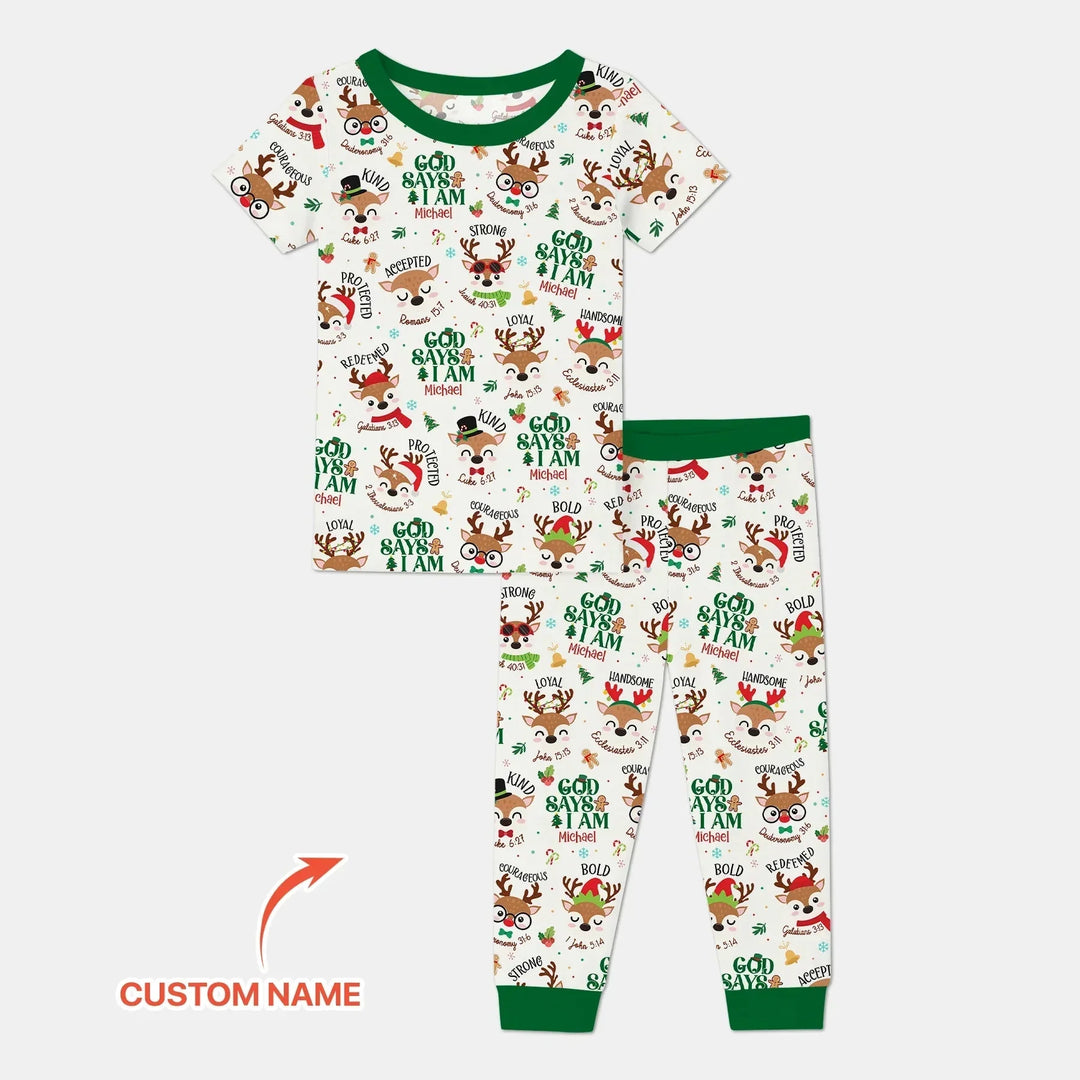 Santa’s Reindeer God Says I Am Custom Name Two Piece Short Sleeve Pajama Set , Santa’s Reindeer God Says I Am Custom Name Two Piece Short Sleeve Pajama Set - 12-18M