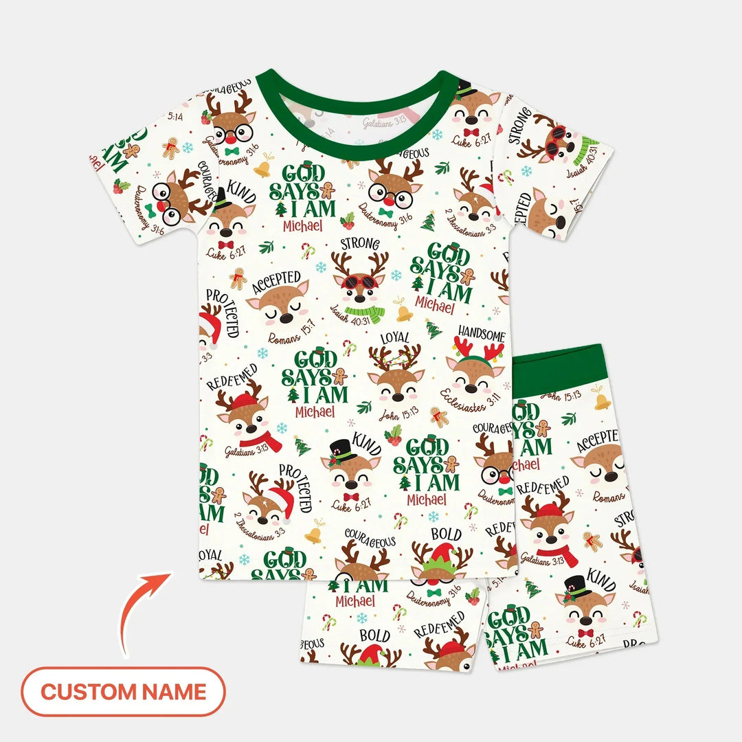 Santa’s Reindeer God Says I Am Custom Name Two Piece Short Sleeve Shorts Pajama Set , Santa’s Reindeer God Says I Am Custom Name Two Piece Short Sleeve Shorts Pajama Set - 12-18M
