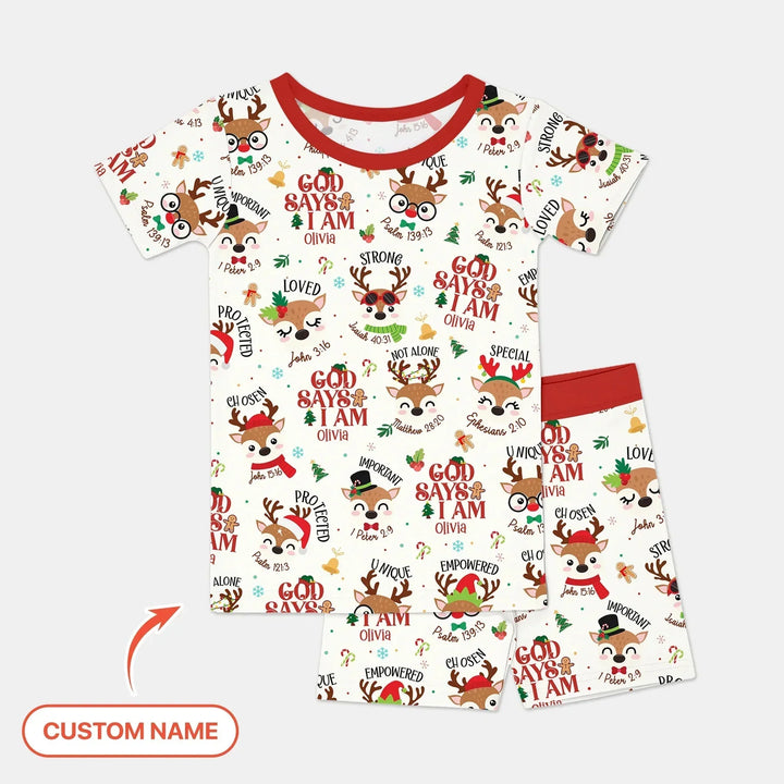 Santa’s Reindeer God Says I Am Custom Name Two Piece Short Sleeve Shorts Pajama Set , Santa’s Reindeer God Says I Am Custom Name Two Piece Short Sleeve Shorts Pajama Set - 12-18M