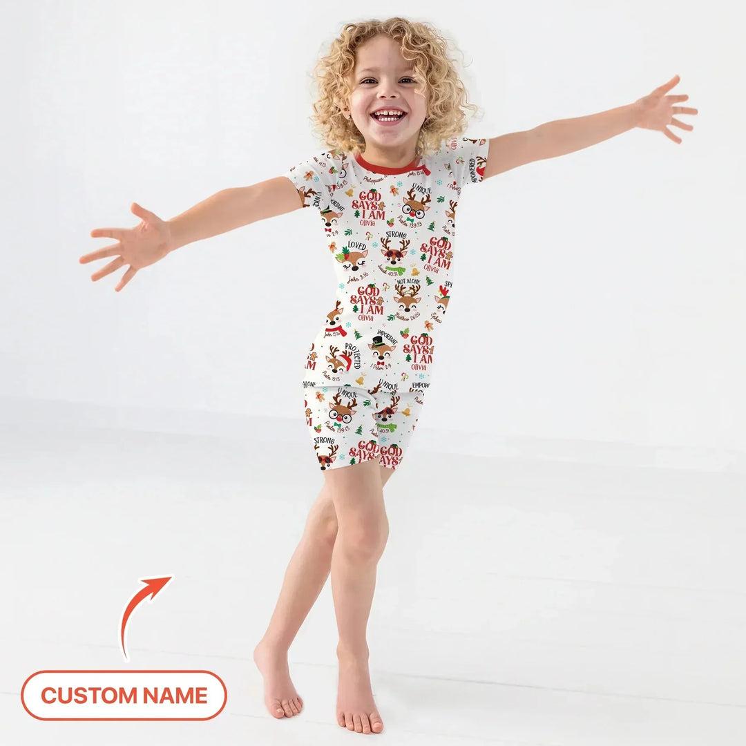 Santa’s Reindeer God Says I Am Custom Name Two Piece Short Sleeve Shorts Pajama Set , Santa’s Reindeer God Says I Am Custom Name Two Piece Short Sleeve Shorts Pajama Set - 12-18M