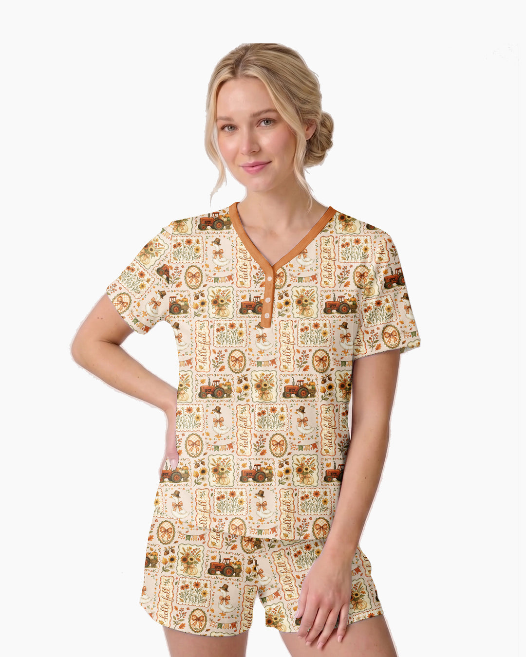 Farmhouse Fall Goose Family Matching Bamboo Women Short Sleeve Short Pajama Set