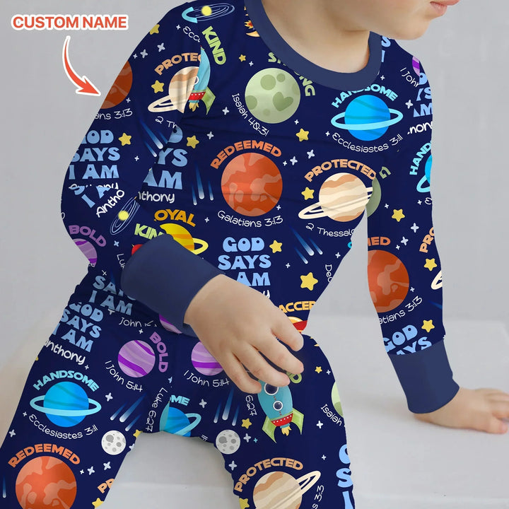 Space God Says I Am Custom Name Two Piece Long Sleeve Pajama Set , Space God Says I Am Custom Name Two Piece Long Sleeve Pajama Set - 12-18M