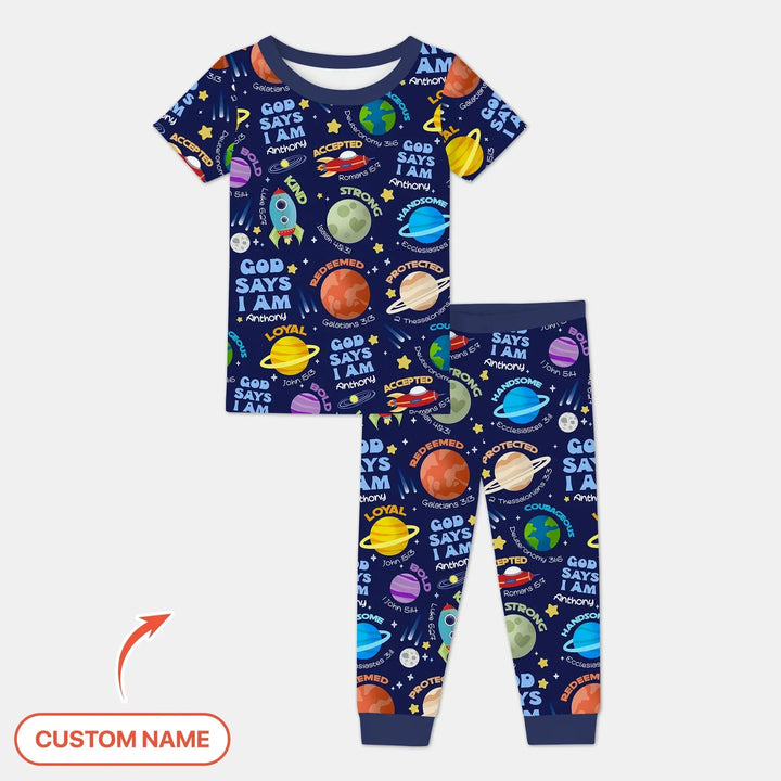 Space God Says I Am Custom Name Two Piece Short Sleeve Pajama Set , Space God Says I Am Custom Name Two Piece Short Sleeve Pajama Set - 12-18M