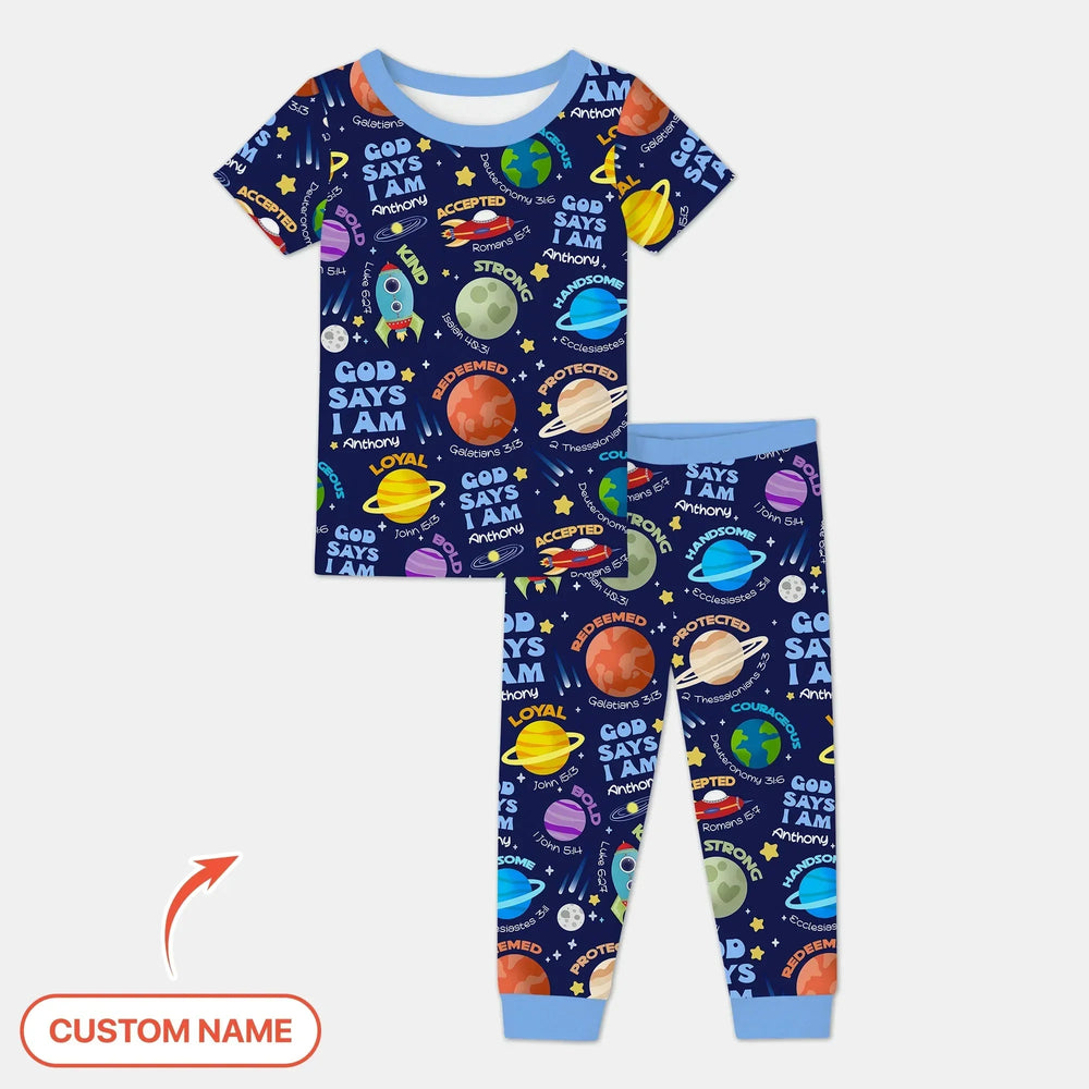 Space God Says I Am Custom Name Two Piece Short Sleeve Pajama Set , Space God Says I Am Custom Name Two Piece Short Sleeve Pajama Set - 12-18M