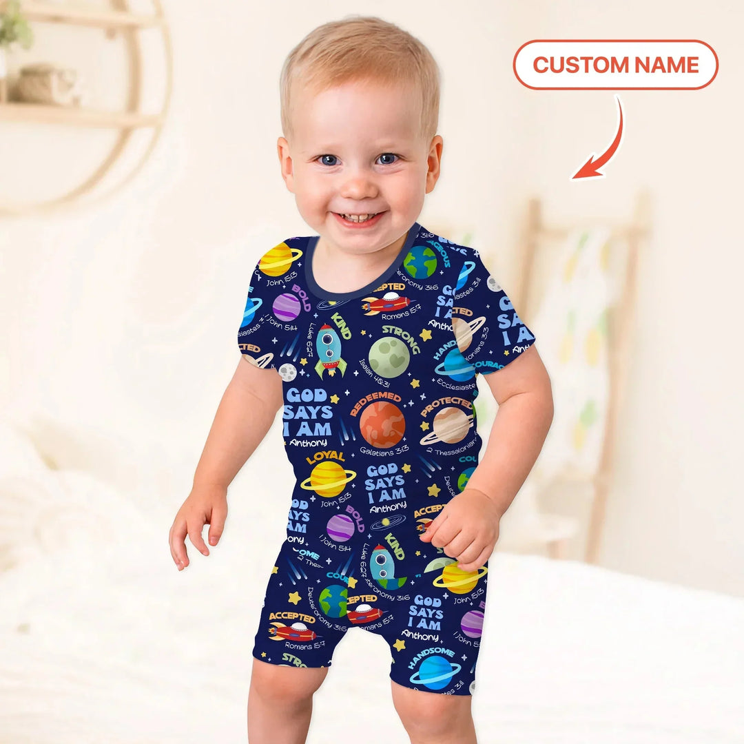 Space God Says I Am Custom Name Two Piece Short Sleeve Shorts Pajama Set , Space God Says I Am Custom Name Two Piece Short Sleeve Shorts Pajama Set - 12-18M