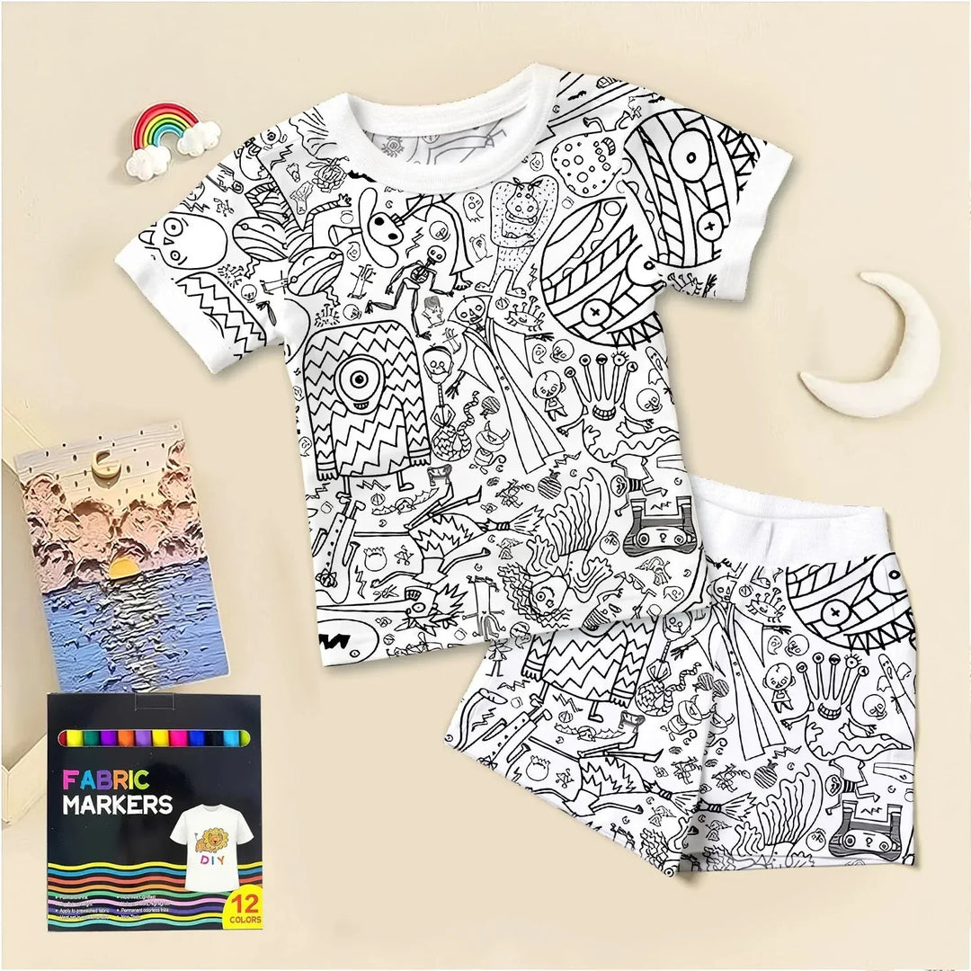 Spooky DIY Monster Colorable Halloween Two Piece Short Sleeve Shorts Pajama Set , Spooky DIY Monster Colorable Halloween Two Piece Short Sleeve Shorts Pajama Set - 3T