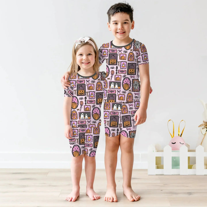 Spooky Frames Two Piece Short Sleeve Shorts Pajama Set For Halloween , Spooky Frames Two Piece Short Sleeve Shorts Pajama Set For Halloween - 12-18M