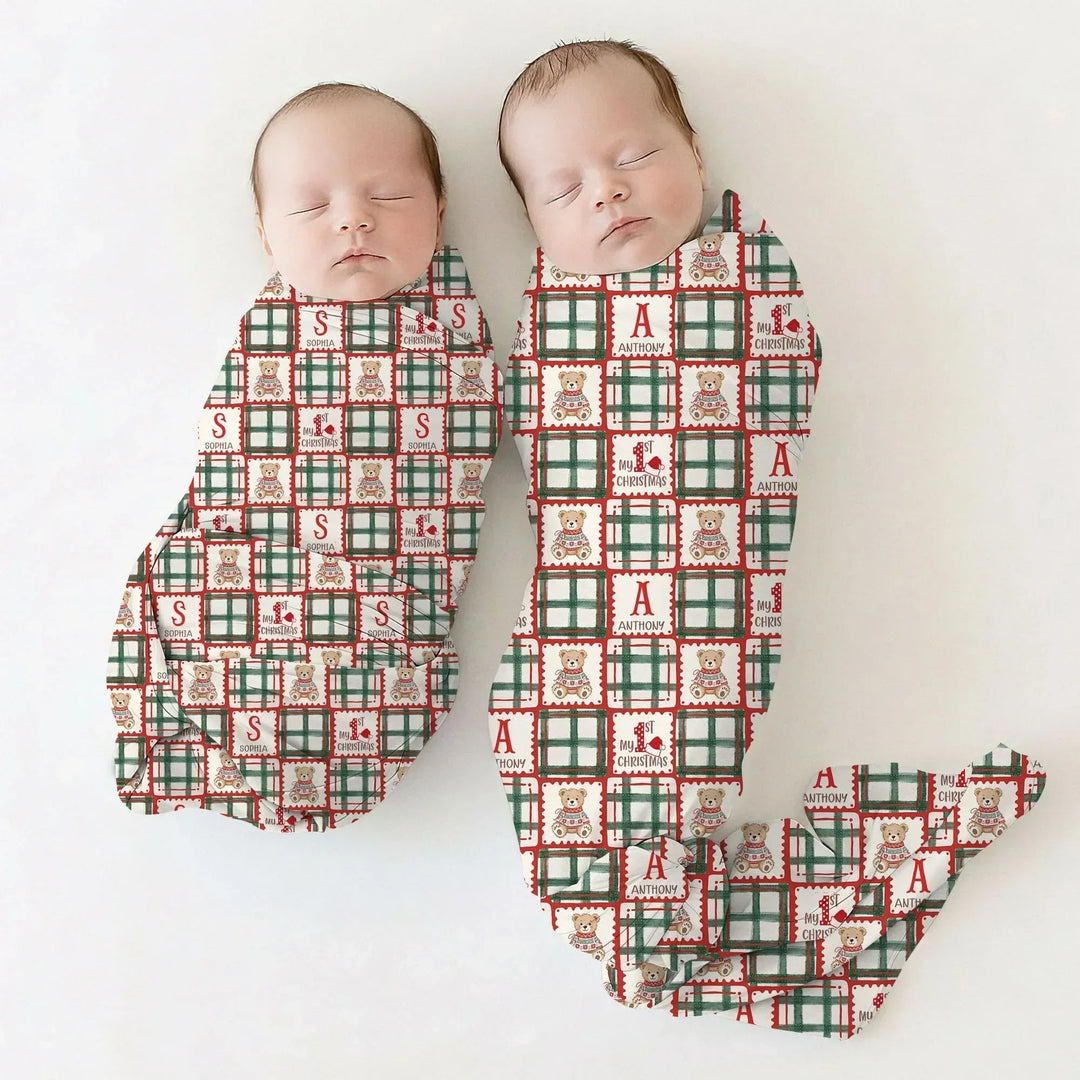 Custom Name Teddy Bear Gingham My 1st Christmas Bamboo Swaddle Blanket
