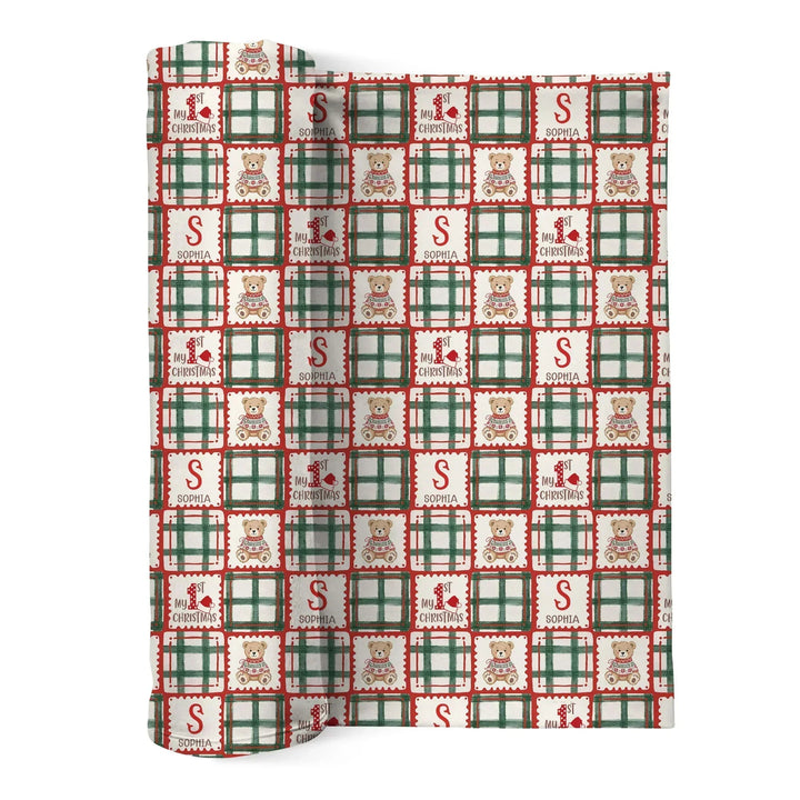 Custom Name Teddy Bear Gingham My 1st Christmas Bamboo Swaddle Blanket