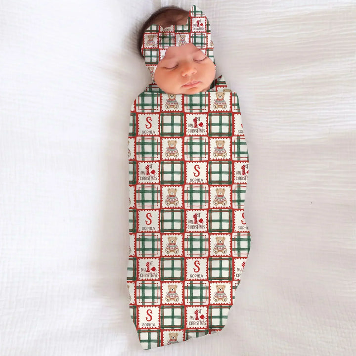 Custom Name Teddy Bear Gingham My 1st Christmas Bamboo Swaddle Blanket