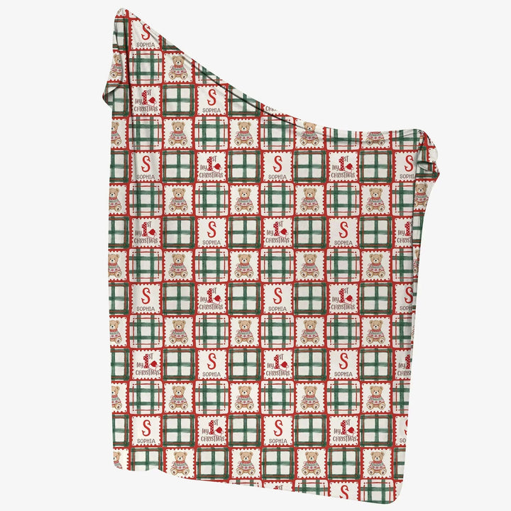Custom Name Teddy Bear Gingham My 1st Christmas Bamboo Swaddle Blanket