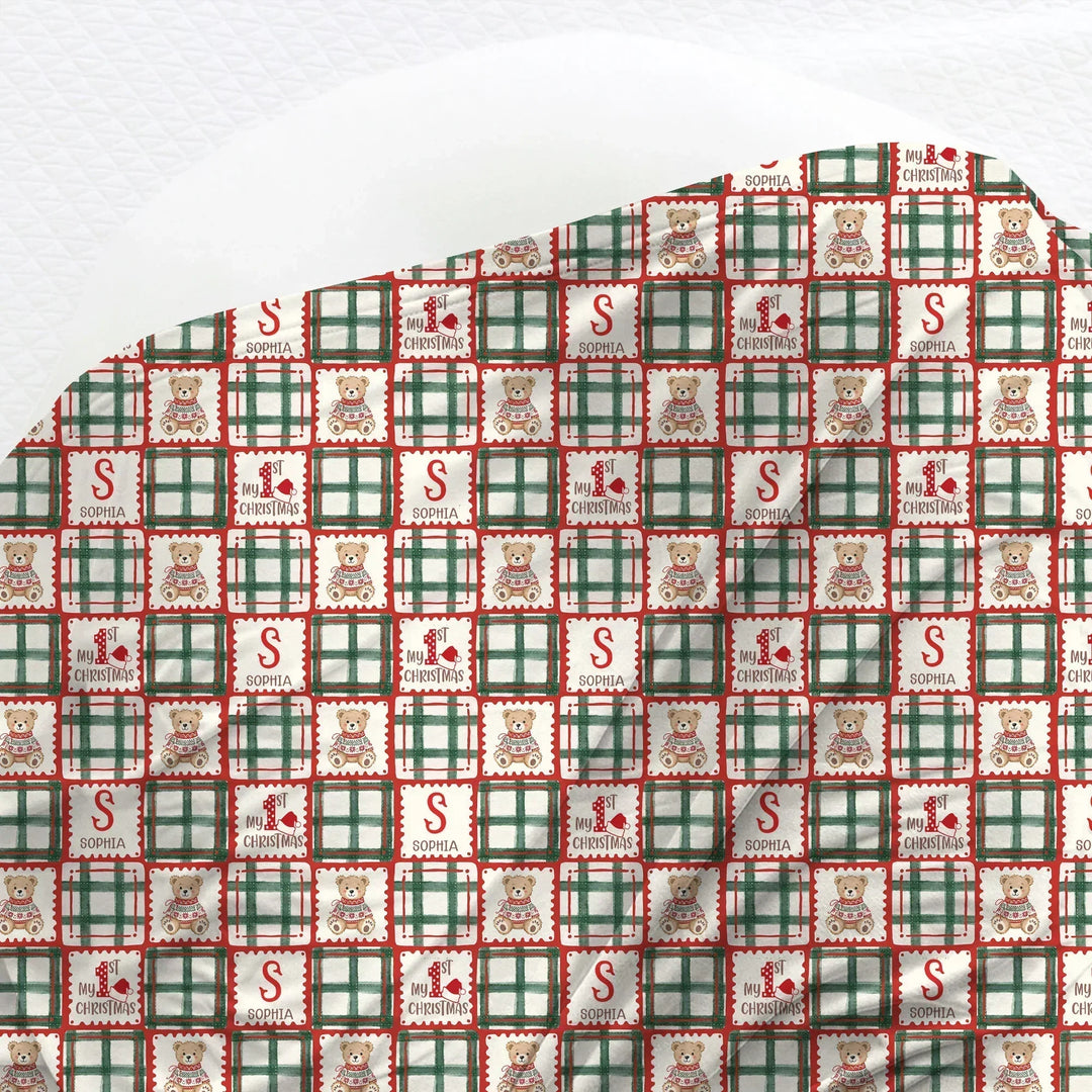 Custom Name Teddy Bear Gingham My 1st Christmas Bamboo Swaddle Blanket