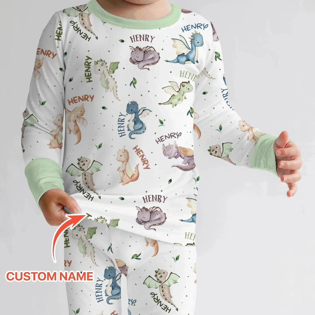 Sweet Baby Dragons Custom Name Two Piece Long Sleeve Pajama Set , Sweet Baby Dragons Custom Name Two Piece Long Sleeve Pajama Set - 12-18M