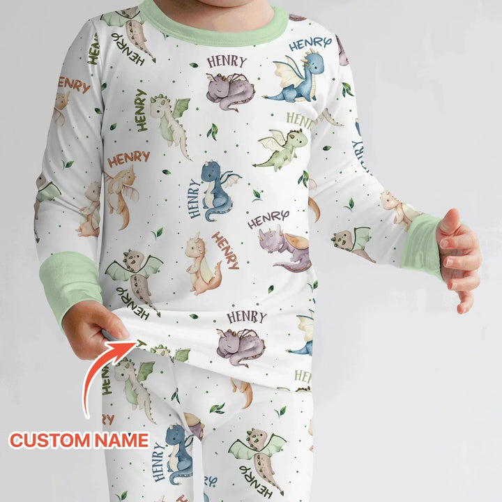 Sweet Baby Dragons Custom Name Two Piece Long Sleeve Pajama Set , Sweet Baby Dragons Custom Name Two Piece Long Sleeve Pajama Set - 12-18M