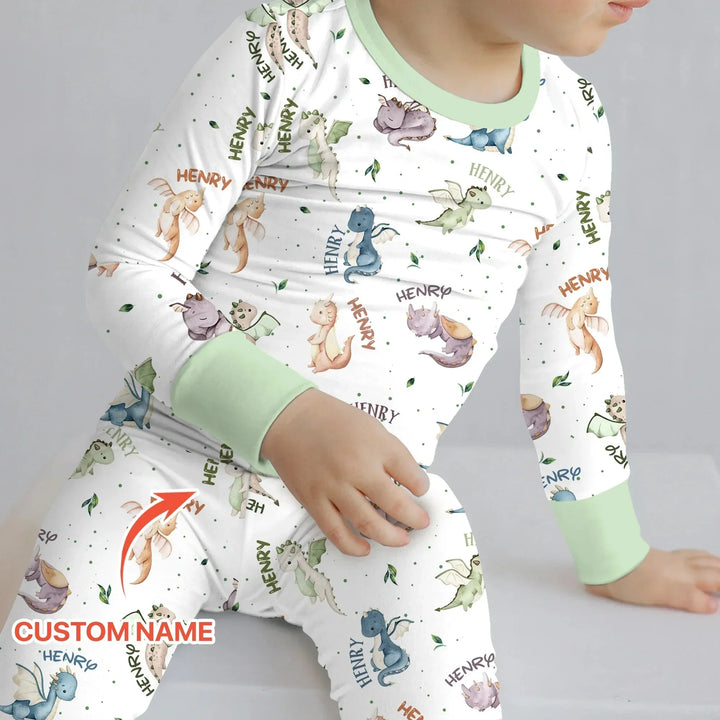 Sweet Baby Dragons Custom Name Two Piece Long Sleeve Pajama Set , Sweet Baby Dragons Custom Name Two Piece Long Sleeve Pajama Set - 12-18M