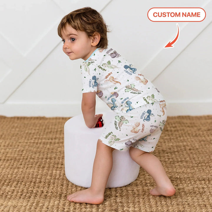 Sweet Baby Dragons Custom Name Two Piece Short Sleeve Shorts Pajama Set , Sweet Baby Dragons Custom Name Two Piece Short Sleeve Shorts Pajama Set - 12-18M