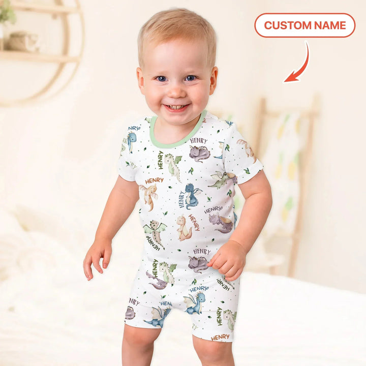 Sweet Baby Dragons Custom Name Two Piece Short Sleeve Shorts Pajama Set , Sweet Baby Dragons Custom Name Two Piece Short Sleeve Shorts Pajama Set - 12-18M
