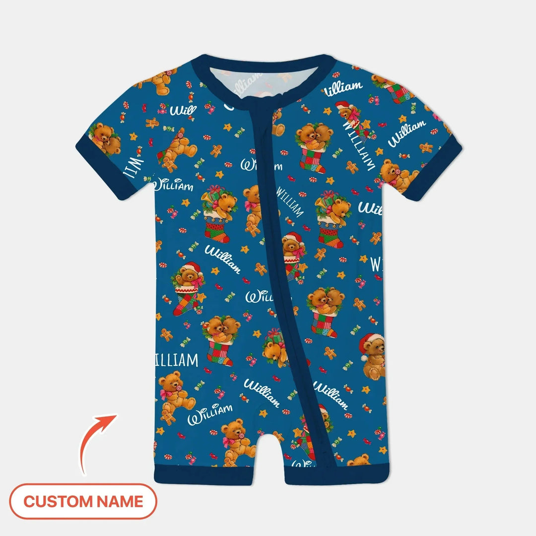Teddy Bear Merry Christmas Custom Name Shorty Zippy , Teddy Bear Merry Christmas Custom Name Shorty Zippy - 0-3M