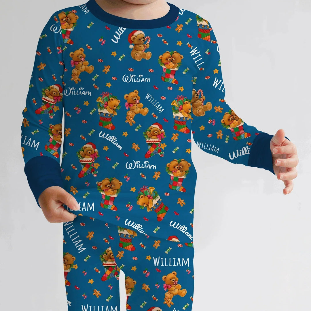 Teddy Bear Merry Christmas Custom Name Two Piece Long Sleeve Pajama Set , Teddy Bear Merry Christmas Custom Name Two Piece Long Sleeve Pajama Set - 12-18M