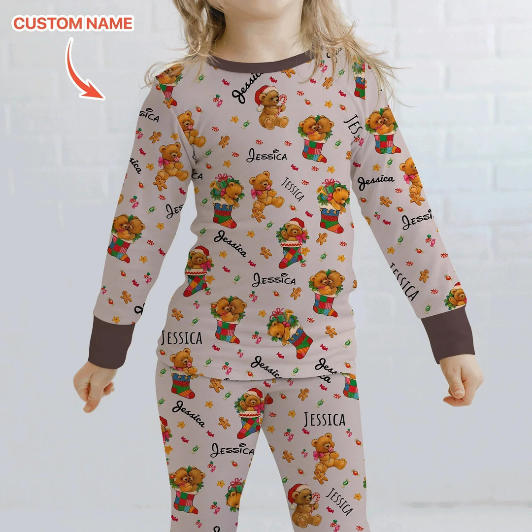 Teddy Bear Merry Christmas Custom Name Two Piece Long Sleeve Pajama Set , Teddy Bear Merry Christmas Custom Name Two Piece Long Sleeve Pajama Set - 12-18M