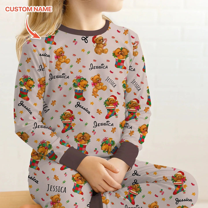Teddy Bear Merry Christmas Custom Name Two Piece Long Sleeve Pajama Set , Teddy Bear Merry Christmas Custom Name Two Piece Long Sleeve Pajama Set - 12-18M