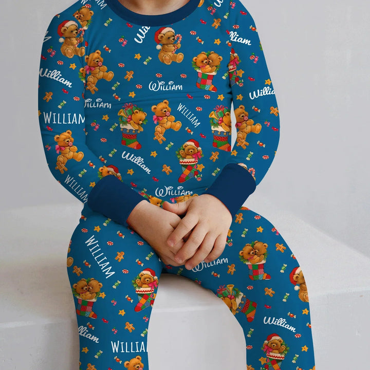Teddy Bear Merry Christmas Custom Name Two Piece Long Sleeve Pajama Set , Teddy Bear Merry Christmas Custom Name Two Piece Long Sleeve Pajama Set - 12-18M