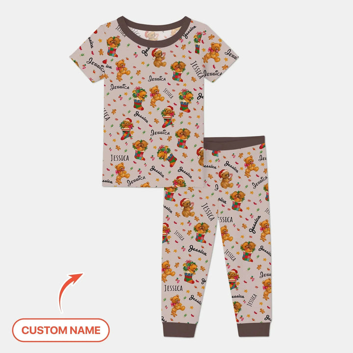 Teddy Bear Merry Christmas Custom Name Two Piece Short Sleeve Pajama Set , Teddy Bear Merry Christmas Custom Name Two Piece Short Sleeve Pajama Set - 12-18M