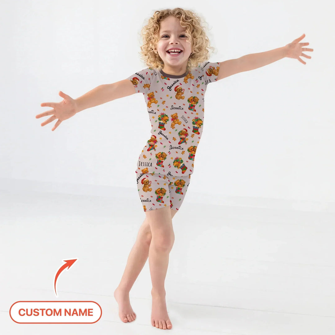 Teddy Bear Merry Christmas Custom Name Two Piece Short Sleeve Shorts Pajama Set , Teddy Bear Merry Christmas Custom Name Two Piece Short Sleeve Shorts Pajama Set - 12-18M