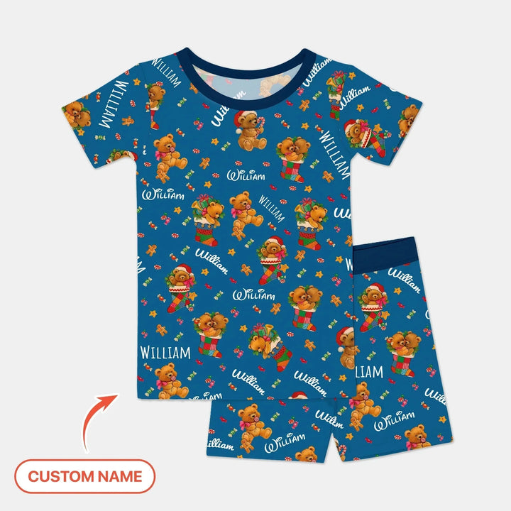 Teddy Bear Merry Christmas Custom Name Two Piece Short Sleeve Shorts Pajama Set , Teddy Bear Merry Christmas Custom Name Two Piece Short Sleeve Shorts Pajama Set - 12-18M
