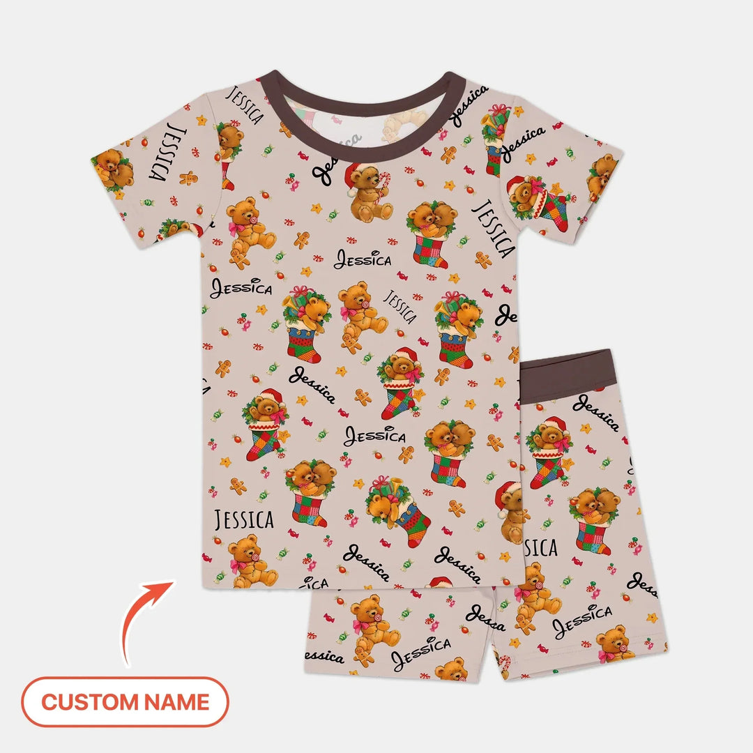 Teddy Bear Merry Christmas Custom Name Two Piece Short Sleeve Shorts Pajama Set , Teddy Bear Merry Christmas Custom Name Two Piece Short Sleeve Shorts Pajama Set - 12-18M