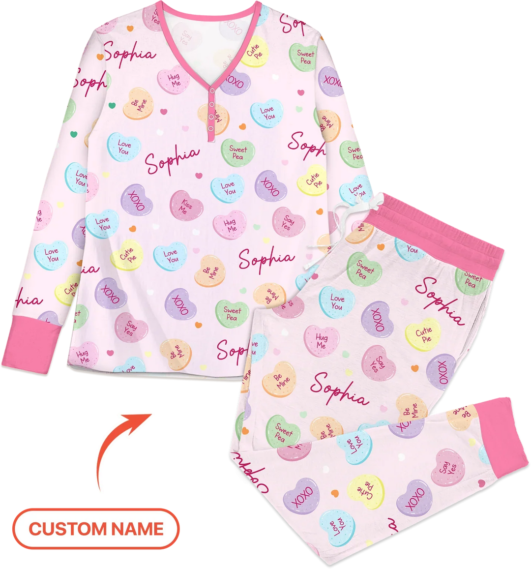 Personalisierter Name Bunte Zuckerherzen Familien-Pyjama-Set für Damen aus Bambus