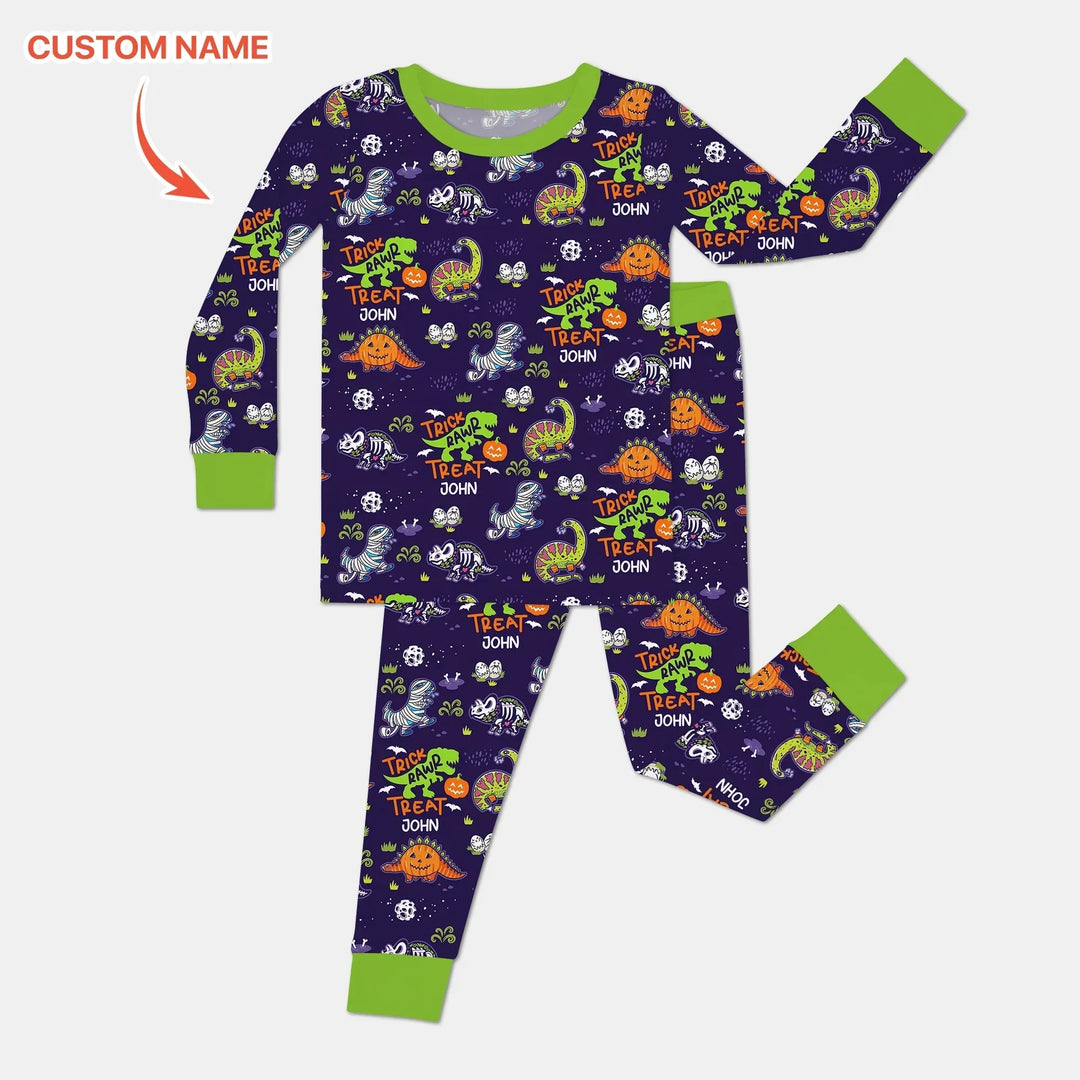 Trick Rawr Treat Custom Name Two Piece Long Sleeve Pajama Set , Trick Rawr Treat Custom Name Two Piece Long Sleeve Pajama Set - 12-18M