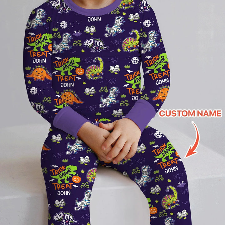 Trick Rawr Treat Custom Name Two Piece Long Sleeve Pajama Set , Trick Rawr Treat Custom Name Two Piece Long Sleeve Pajama Set - 12-18M