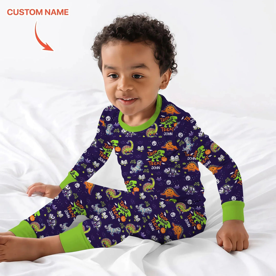 Trick Rawr Treat Custom Name Two Piece Long Sleeve Pajama Set , Trick Rawr Treat Custom Name Two Piece Long Sleeve Pajama Set - 12-18M