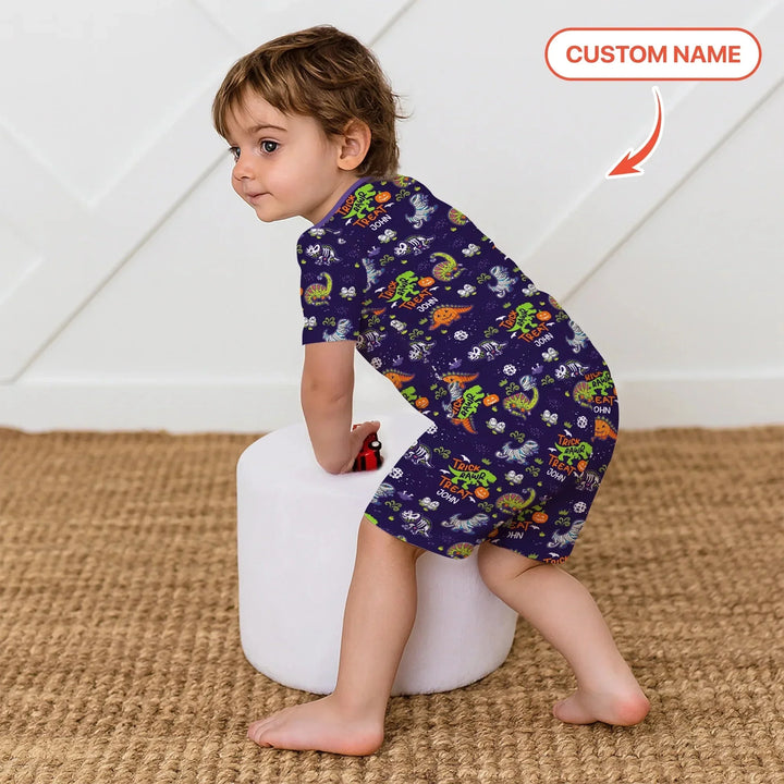 Trick Rawr Treat Custom Name Two Piece Short Sleeve Shorts Pajama Set , Trick Rawr Treat Custom Name Two Piece Short Sleeve Shorts Pajama Set - 12-18M