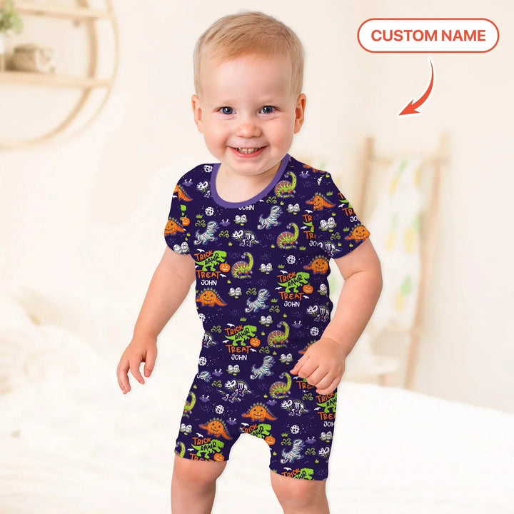 Trick Rawr Treat Custom Name Two Piece Short Sleeve Shorts Pajama Set , Trick Rawr Treat Custom Name Two Piece Short Sleeve Shorts Pajama Set - 12-18M