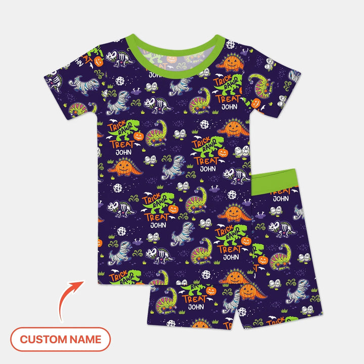 Trick Rawr Treat Custom Name Two Piece Short Sleeve Shorts Pajama Set , Trick Rawr Treat Custom Name Two Piece Short Sleeve Shorts Pajama Set - 12-18M