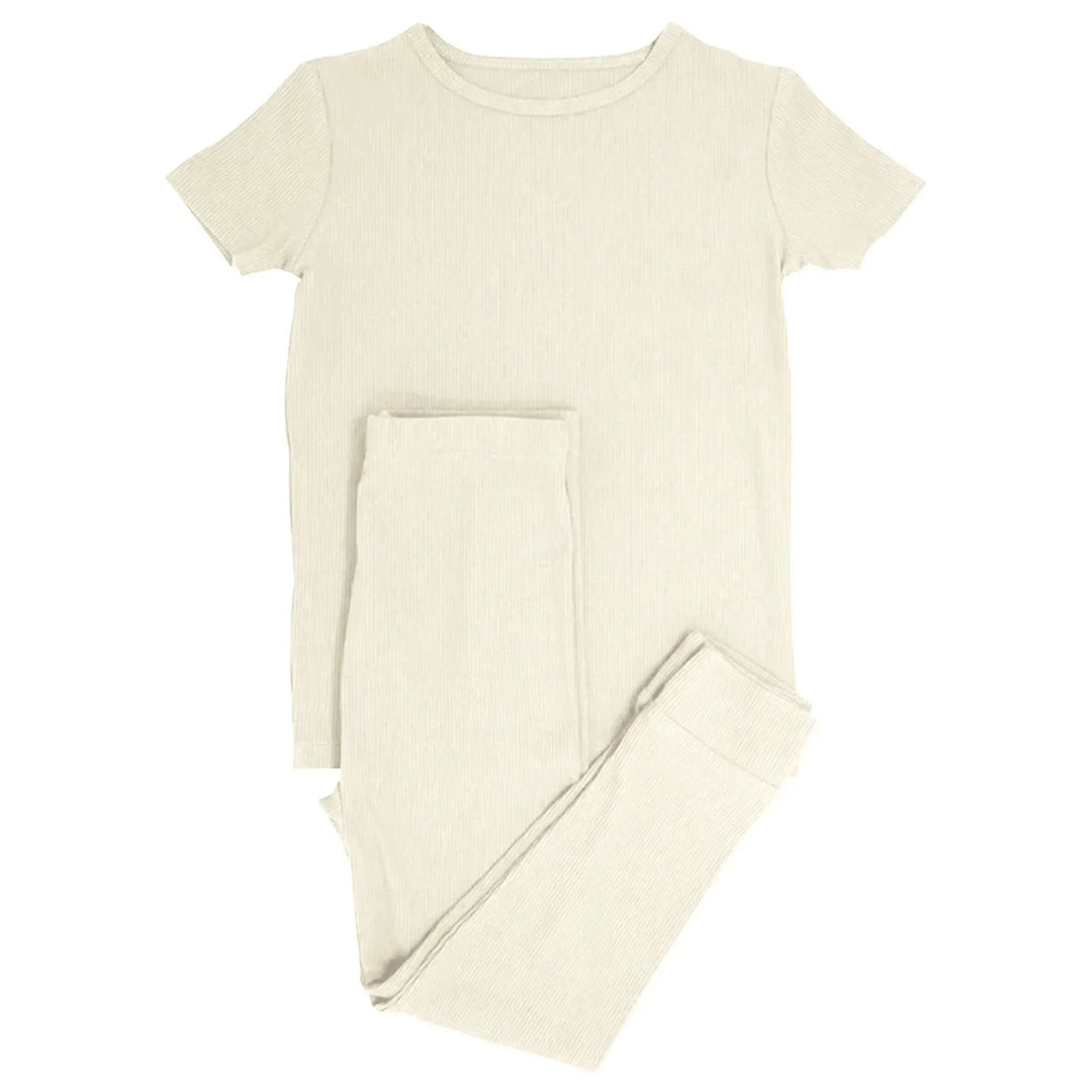 Vanilla Cream Ribbed Two Piece Short Sleeve Pajama Set , Vanilla Cream Ribbed Two Piece Short Sleeve Pajama Set - 12-18M
