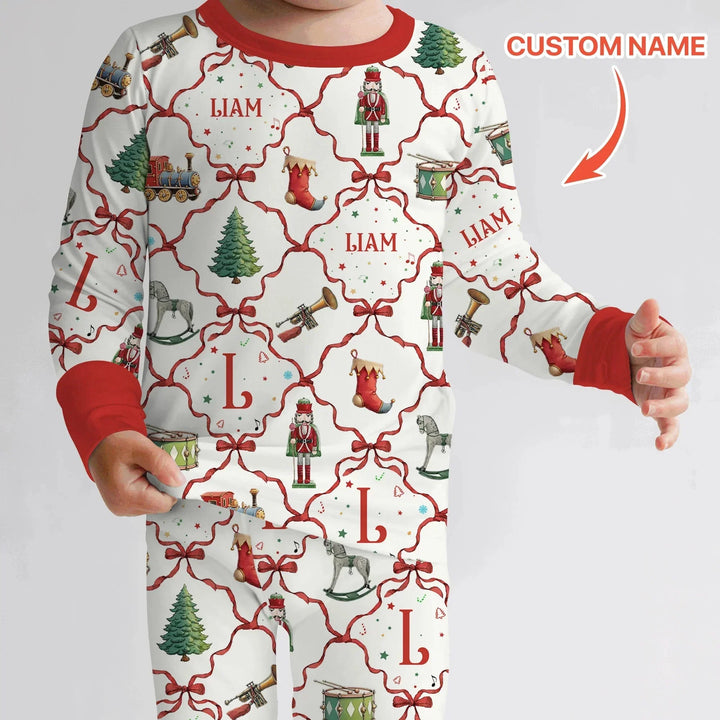 Vintage Christmas Toy Custom Name Boy Two Piece Long Sleeve Pajama Set , Vintage Christmas Toy Custom Name Boy Two Piece Long Sleeve Pajama Set - 12-18M